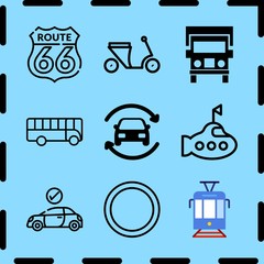 Simple 9 icon set of travel related refreshing car, truck front view, car and bus vector icons. Collection Illustration
