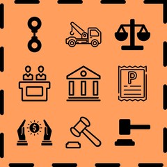 Simple 9 icon set of legal related auction, courthouse, jury and tow truck vector icons. Collection Illustration