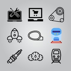 Simple 9 icon set of electronics related train, engine, online shopping and spark plug vector icons. Collection Illustration