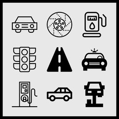 Simple 9 icon set of car related car repair, car, police car with light and car parts vector icons. Collection Illustration