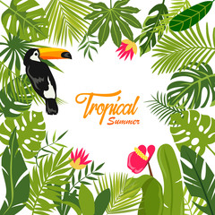 Naklejka premium summer tropical background and toucan. tropical plants and flowers. vector illustration
