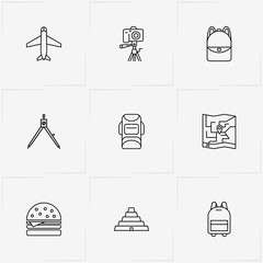 Travel line icon set with map, photo camera and airplane