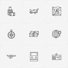 Travel line icon set with globe, map and baggage