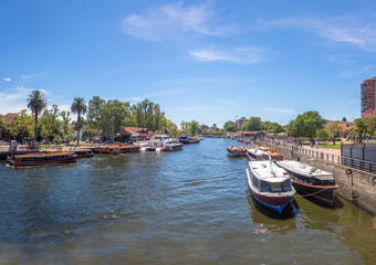 Fototapeta na wymiar Panoramic view of Boats at Tigre River - Tigre, Buenos Aires, Argentina