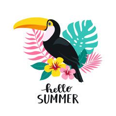 Toucan bird with exotic tropical leaves and flowers. Hello summer lettering. Vector illustration © mejorana777
