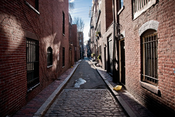 Streets and cobbled houses in the old part of the city of Boston