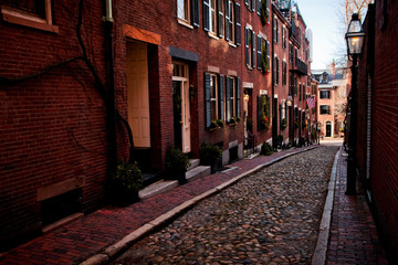 Streets and cobbled houses in the old part of the city of Boston