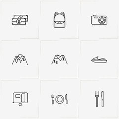 Travel line icon set with money, photo camera and cutlery