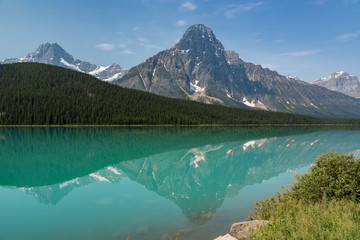 Mountain Peak Reflected in Bow Lake, Icefields Parkway, Banff, Alberta, Canada