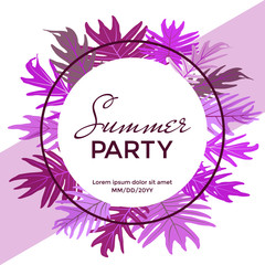 Round frame with white background, purple and violet tropical jungle leaves border, text and place for date.