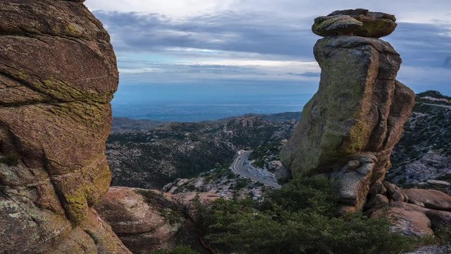 Time-lapse video of the Mt. Lemmon highway. Several rock hoodoos are in the foreground.