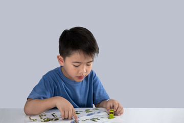 Portrait of cute asian boy playing with colorful plastic toy bricks at the table