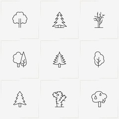 Trees line icon set with tree, tree leaf and pear tree