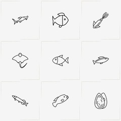Undersea World line icon set with hammer head, oyster  and stingray