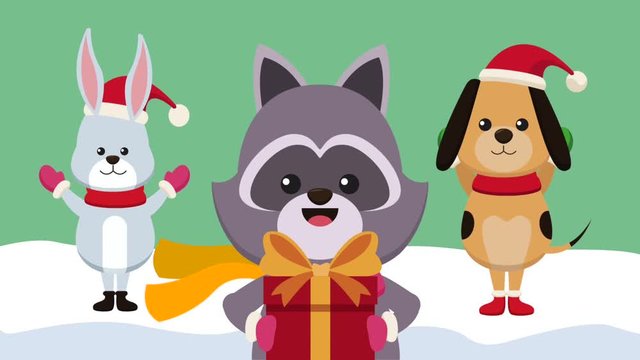 Cute bunny raccoon and dog with santa hats and giftbox High definition animation colorful scenes