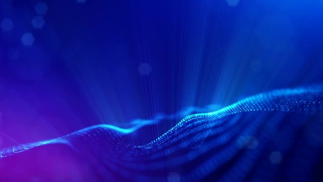 4k seamless animation with particles and depth of field, bokeh and light effects. Glowing particles form curves, surfaces, grid. Mysterious 3d virtual space with particles. Blue curves 2v