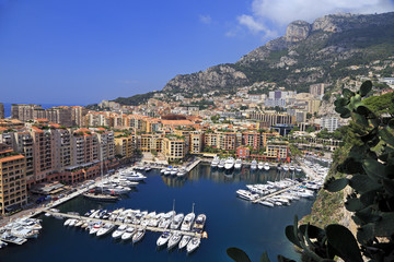 View of Fontvieille harbor with boats and yachts pictured in principality of Monaco, southern...