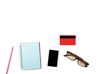 Minimal and Modern white office desk with notebook, glasses and pencil and credit card, Top view with space for copy paste your  text, Concept Minimal and Modern background
