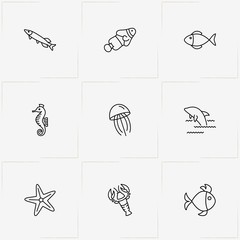 Undersea World line icon set with lobster, star fish  and dolphin