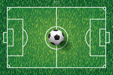 Soccer football ball on green grass of soccer field background. Vector.