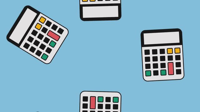 Calculators falling down over blue bakcground High definition animation colorful scenes