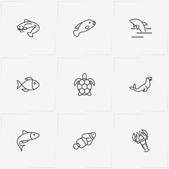 Undersea World line icon set with turtle , lobster and clown fish