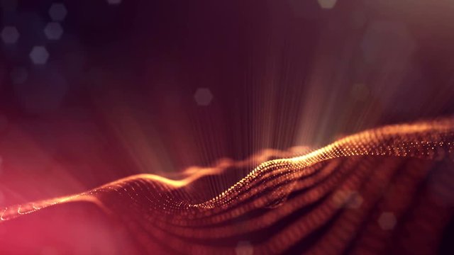 4k seamless animation with particles and depth of field, bokeh and light effects. Glow particles form curves, surfaces, grid. Mysterious 3d virtual space with particles. Red gold cyclic structures v30