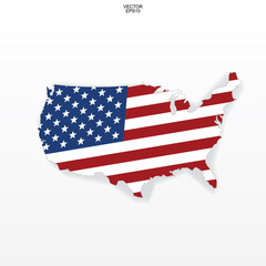 Map of the USA with american flag pattern. Outline of 
