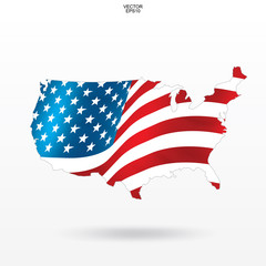 Map of the USA with american flag pattern and waving. Outline of "United States of America" map on white background. Vector illustration