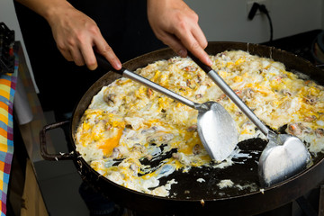 Oyster omelette .The tredition Thai food Oyster Omelet name is HOY TOD