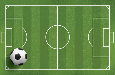 Soccer football ball on green grass of soccer field pattern and texture for background. Vector.