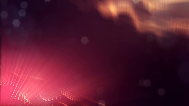 4k seamless animation with particles and depth of field, bokeh and light effects. Glow particles form curves, surfaces, grid. Mysterious 3d virtual space with particles. Red gold cyclic structures v33