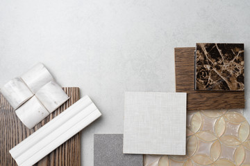 samples of material, wood , on concrete table.Interior design select material for idea.