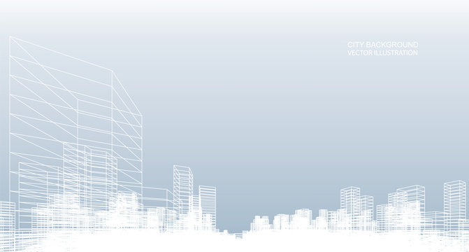 Abstract wireframe city background. Perspective 3D render of building wireframe. Vector.