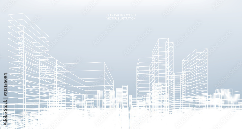 Aufkleber abstract wireframe city background. perspective 3d render of building wireframe. vector.