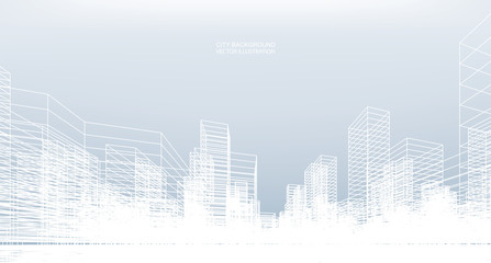 Fototapeta na wymiar Abstract wireframe city background. Perspective 3D render of building wireframe. Vector.