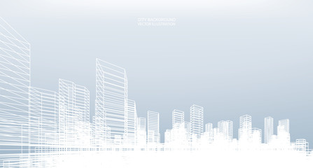 Fototapeta na wymiar Abstract wireframe city background. Perspective 3D render of building wireframe. Vector.