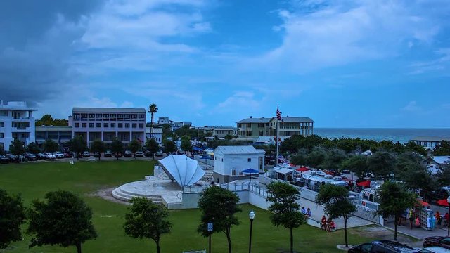 Beach town during the day with clouds overhead.