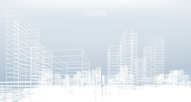 Abstract wireframe city background. Perspective 3D render of building wireframe. Vector.