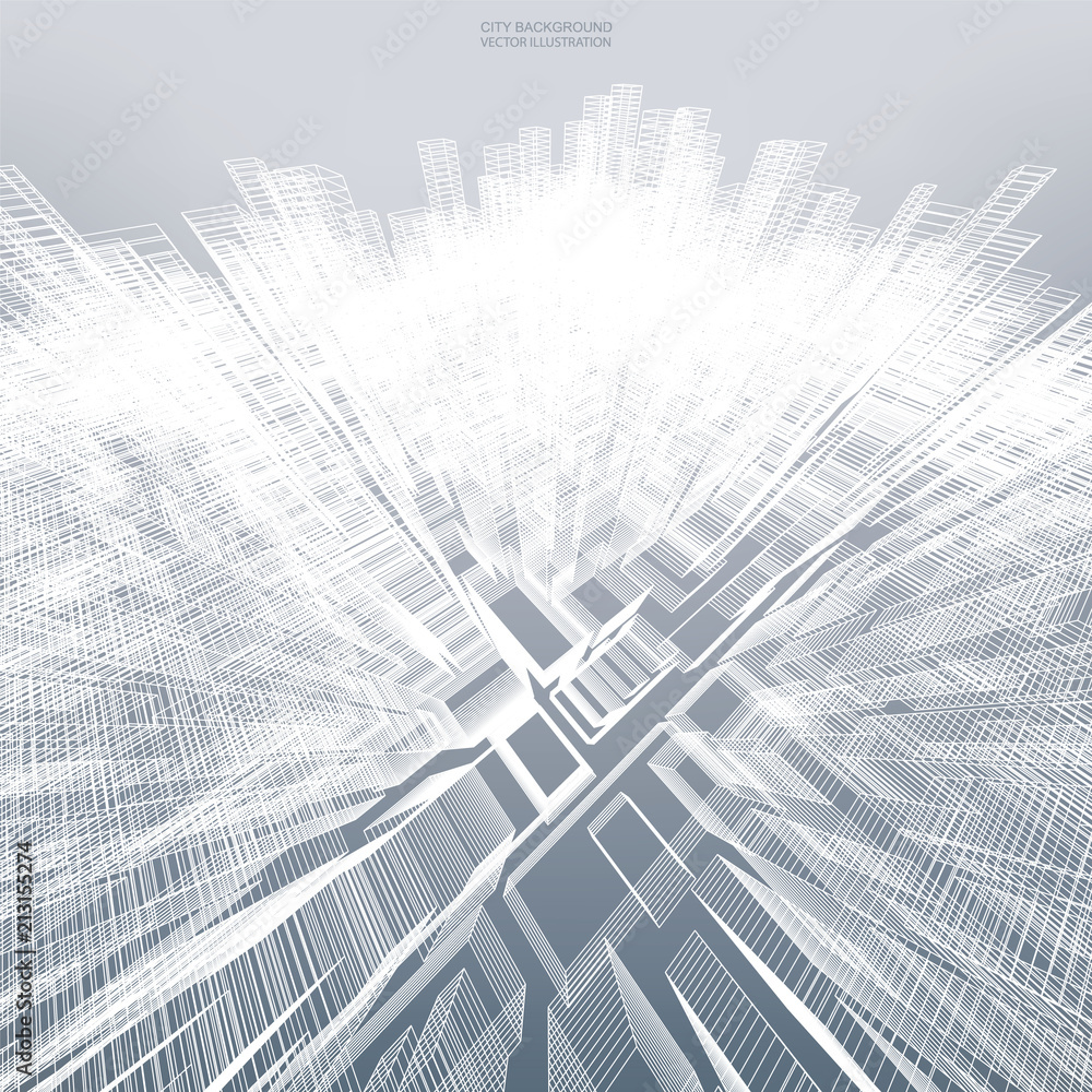 Poster abstract virtual zoom of wireframe for backgroumd. perspective 3d render of building wireframe. vect