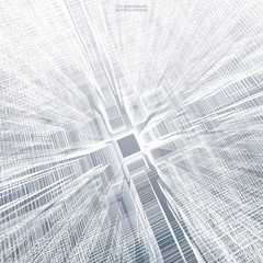 Obraz premium Abstract virtual zoom of wireframe for backgroumd. Perspective 3D render of building wireframe. Vector.