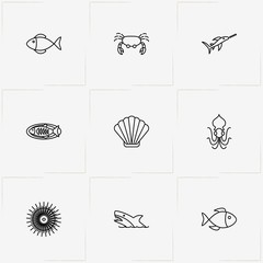 Undersea World line icon set with fish, sea urchin  and octopus