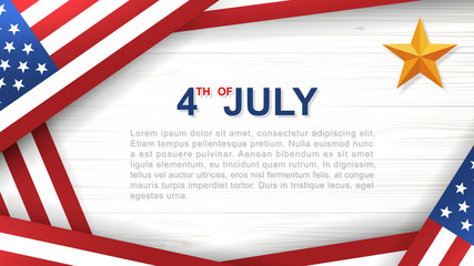 Fototapeta na wymiar 4th of July - Background for USA(United States of America) Independence Day with white wood pattern and texture and American flag. Background with area for copy space and text. Vector.