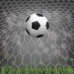 Soccer football ball in soccer goal with light blurred bokeh background. Vector.
