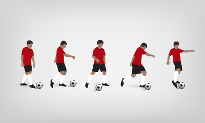 Fototapeta na wymiar Soccer player playing and kicking soccer ball on white background. Image action of outdoor sport for template design. Vector.