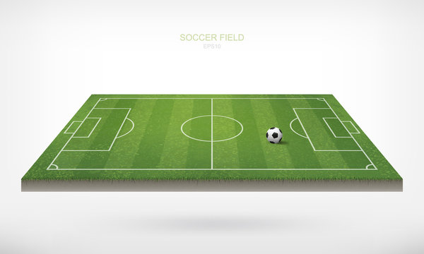 Soccer football ball in soccer field area and white background. Green grass of soccer field with pattern and texture in perspective views. Vector.
