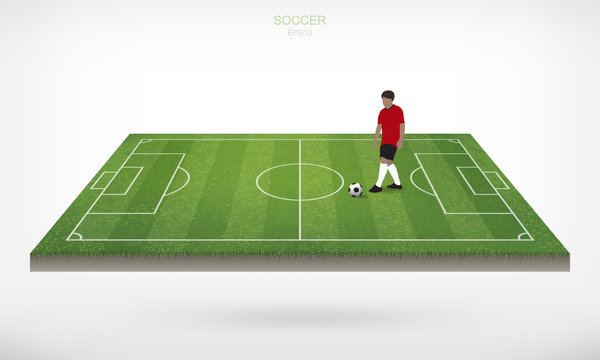 Soccer player and soccer football ball in area of soccer field with white background. Abstract action of outdoor sport for create soccer game. Vector.