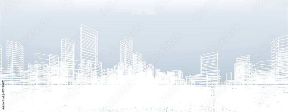 Poster abstract wireframe city background. perspective 3d render of building wireframe. vector.