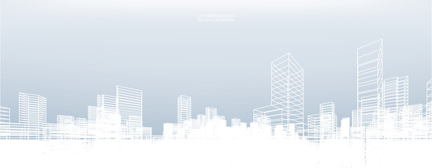 Abstract wireframe city background. Perspective 3D render of building wireframe. Vector.