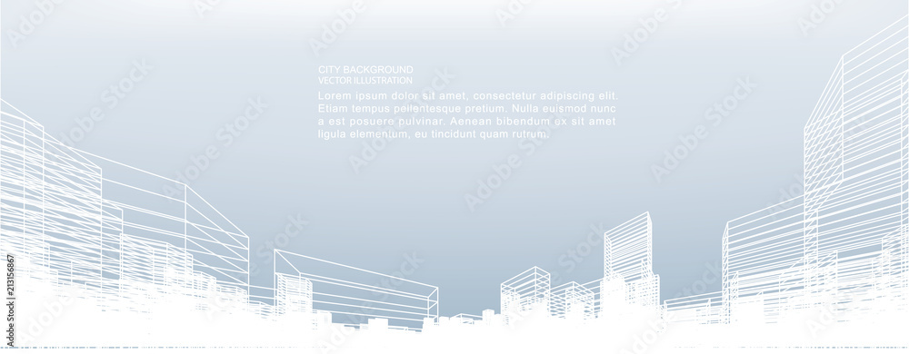 Aufkleber abstract wireframe city background. perspective 3d render of building wireframe. vector.